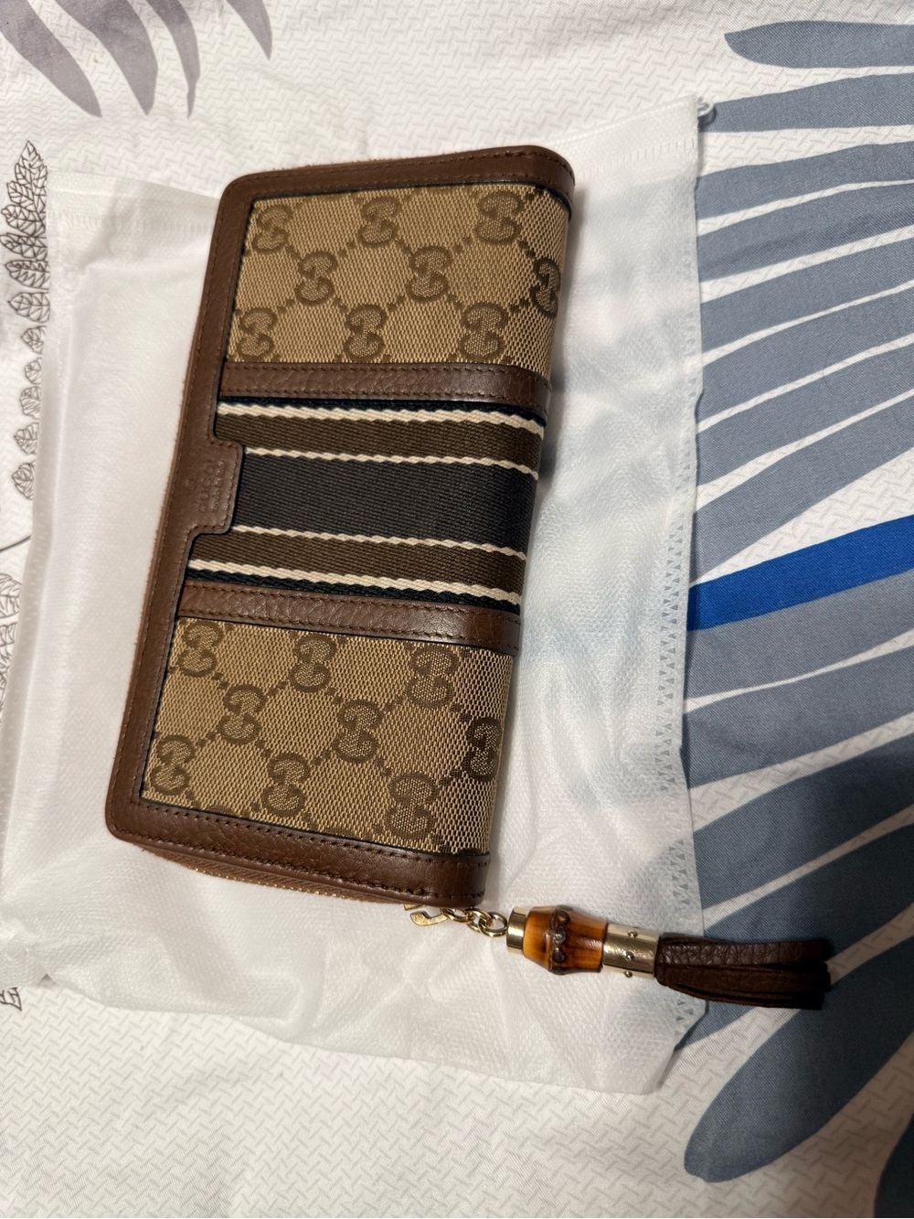 Gucci Brown Monogram Zip Card Holder with Striped Web